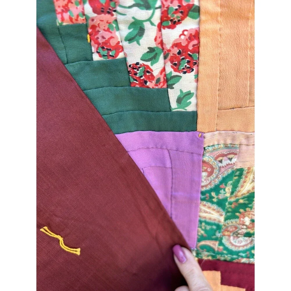 Antique Log Cabin In Rows Quilt Hand Pieced Hand Tied 1930s 40s Silk Rayon